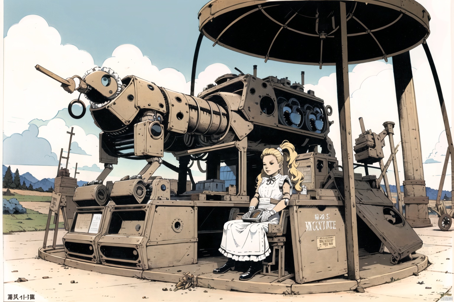  masterpiece,highres,1girl,twintails,solo,blonde, maid
outdoors,(obsolete machine:1.3),Tatsuyuki,solo, Matsumoto, Migunov,monocolor
