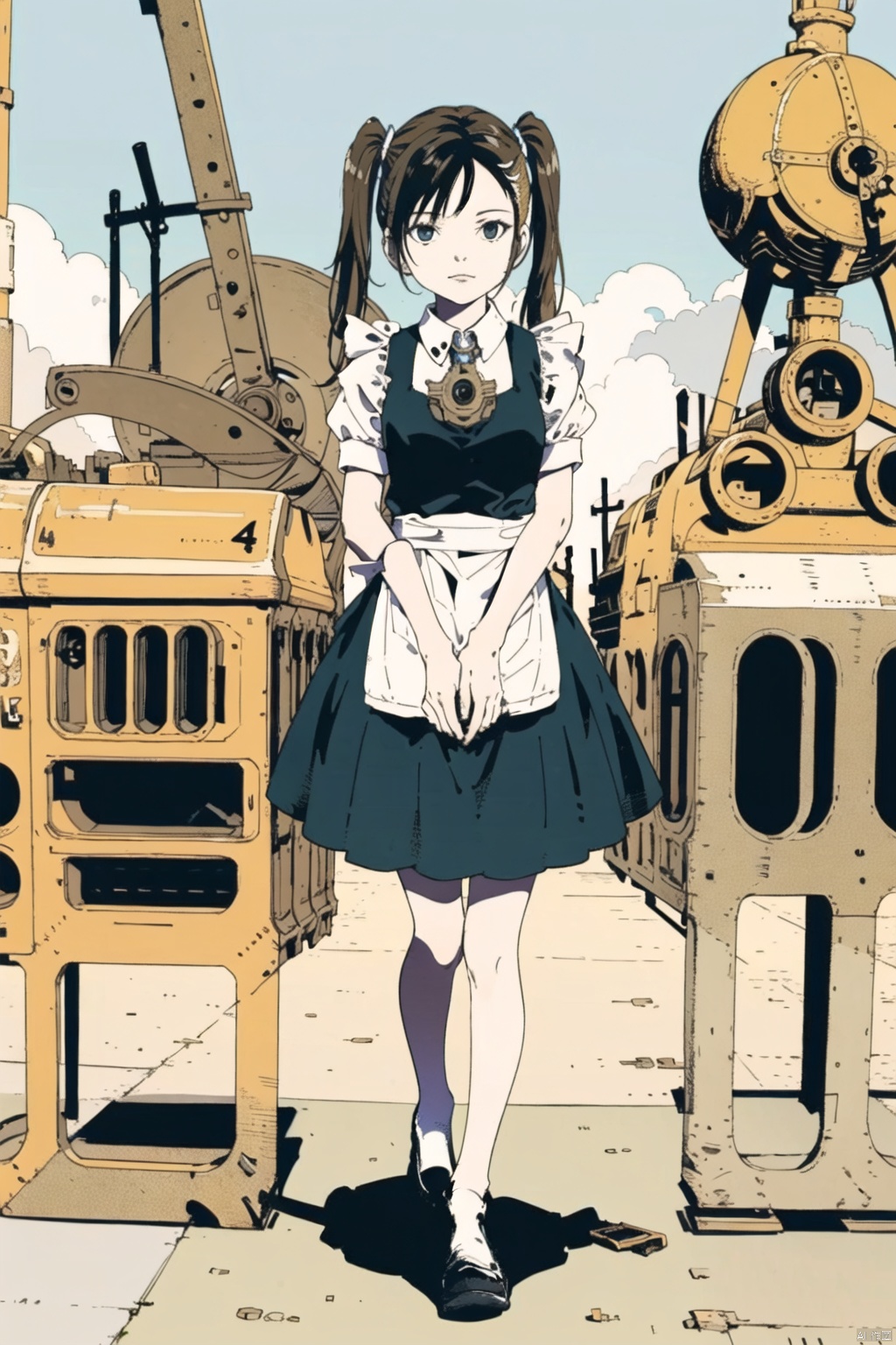  masterpiece,highres,1girl,twintails,solo,blonde, maid
outdoors,(obsolete machine:1.3),Tatsuyuki,solo, Matsumoto