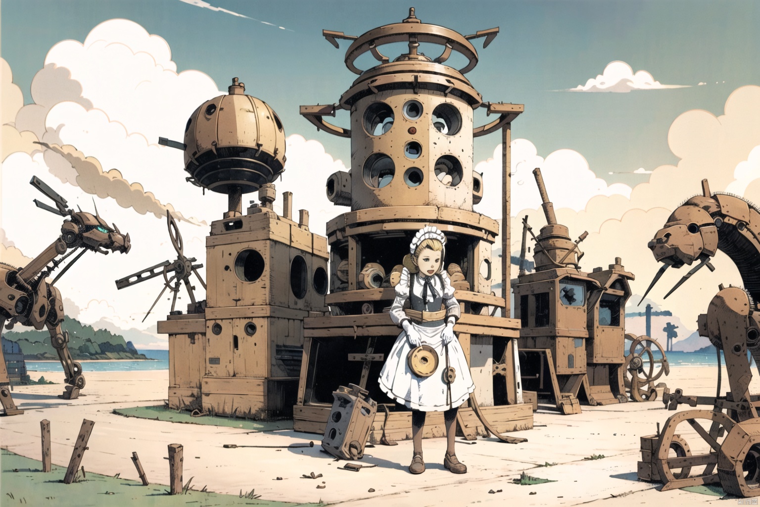  masterpiece,highres,1girl,twintails,solo,blonde, maid
outdoors,(obsolete machine:1.3),Tatsuyuki,solo, Matsumoto, Migunov,monocolor