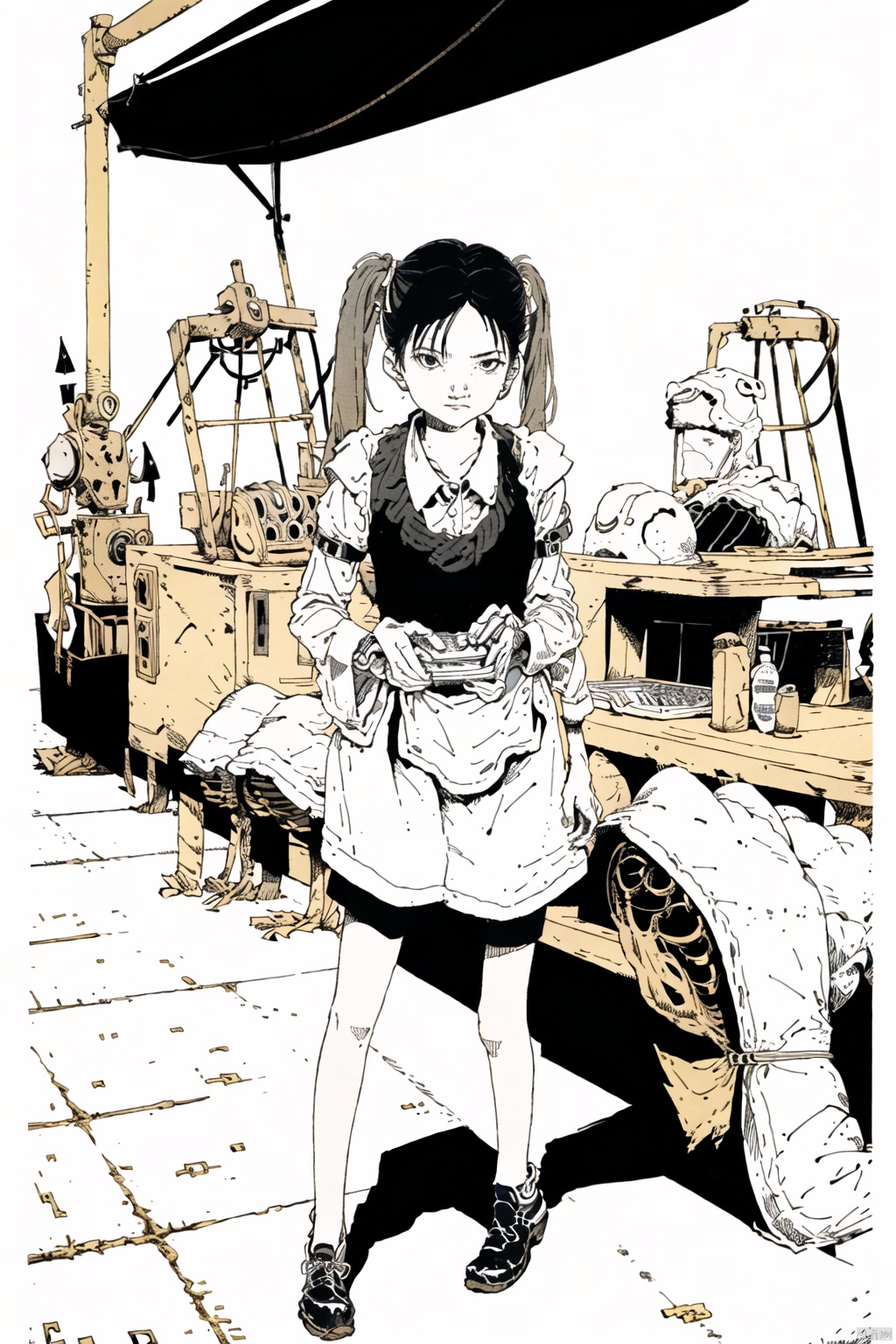  masterpiece,highres,1girl,twintails,solo,blonde, maid
outdoors,(obsolete machine:1.3),Tatsuyuki,solo, Matsumoto, Migunov,monocolor