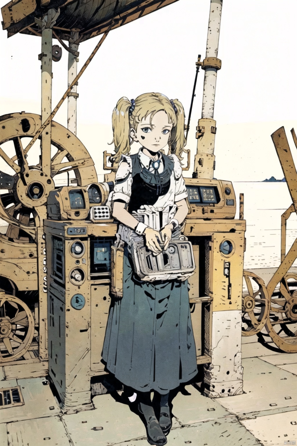  masterpiece,highres,1girl,twintails,solo,blonde, maid
outdoors,(obsolete machine:1.3),Tatsuyuki,solo, Matsumoto