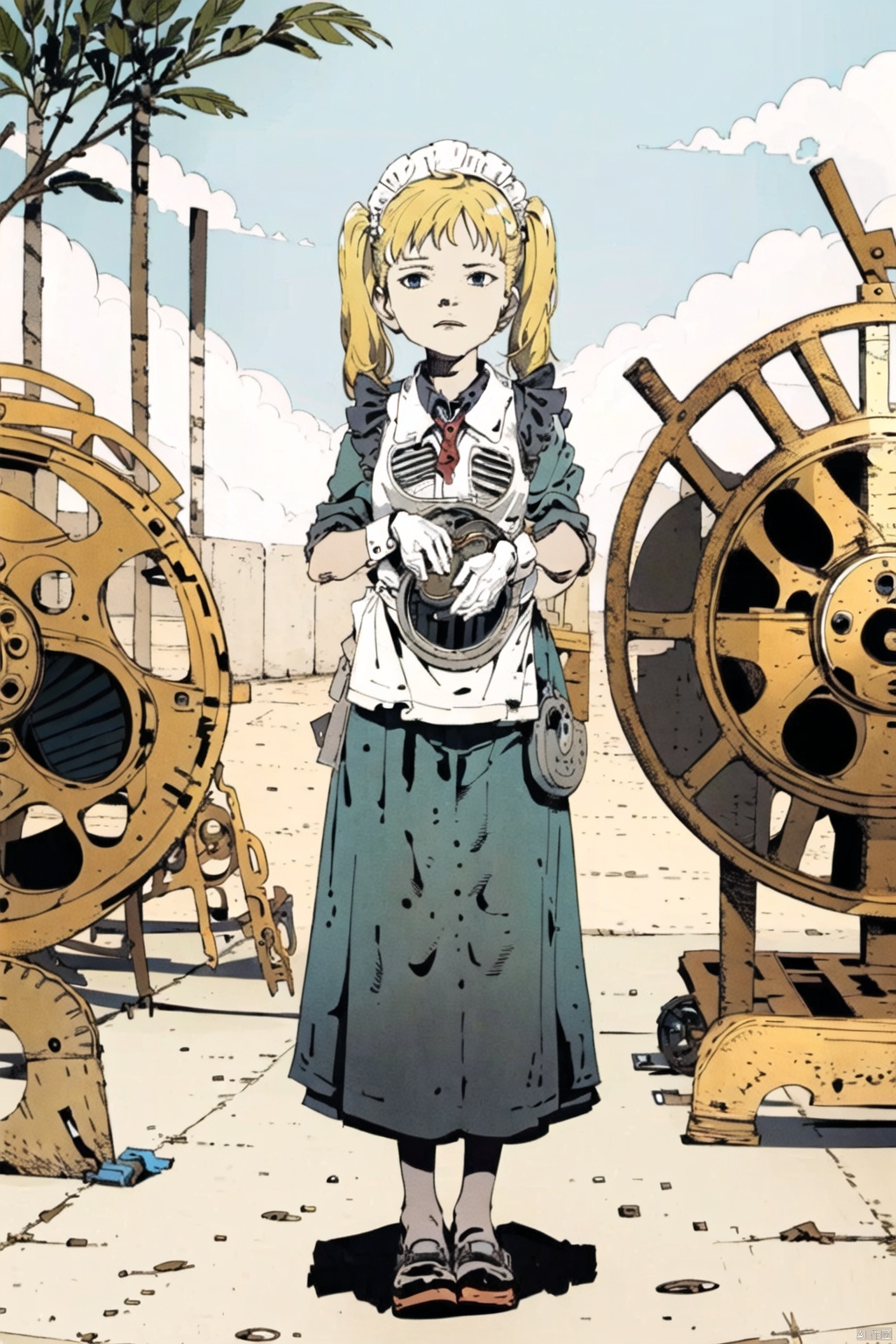  masterpiece,highres,1girl,twintails,solo,blonde, maid
outdoors,(obsolete machine:1.3),Tatsuyuki,solo, Matsumoto