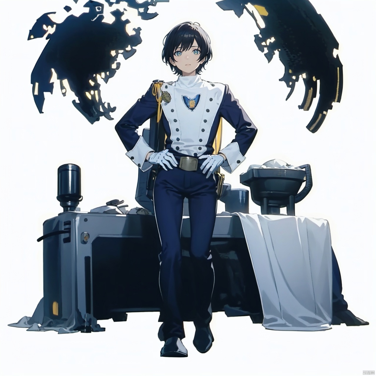 (masterpiece:1.3),(the best quality:1.2),(super fine illustrations:1.2),(Masterpiece),high quality,high detail,(white background:1.2),looking at viewer,(SOLO:1.4),outline,simple background,fullbody,, belt,logo,collar,choker,gloves,uniform,military uniform,boots,pants,helmet,fingerless gloves,emblem,armor,bodysuit,belt pouch,jacket,