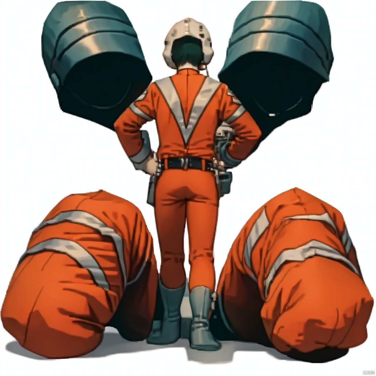 (masterpiece:1.3),(the best quality:1.2),(super fine illustrations:1.2),(Masterpiece),high quality,high detail,(white background:1.2),looking at viewer,(SOLO:1.4),outline,simple background,fullbody,, belt,collar,choker,boots,logo,uniform,bodysuit,jacket,helmet,gloves,belt buckle,ray gun,gun,buckle,emblem,military uniform,pants,armor,belt pouch,fingerless gloves,orange_bodysuit,military_uniform,mat_style,white_gloves,