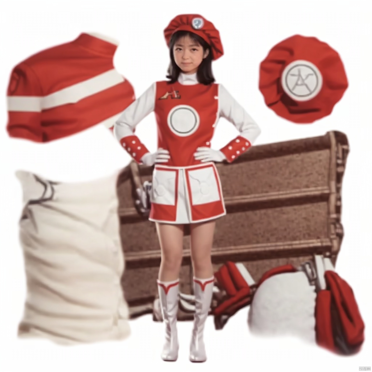 (masterpiece:1.3),(the best quality:1.2),(super fine illustrations:1.2),(Masterpiece),high quality,high detail,(white background:1.2),looking at viewer,(SOLO:1.4),outline,simple background,fullbody,, hat,red headwear,white gloves,boots,white footwear,red shirt,dress,full body,gloves,standing,