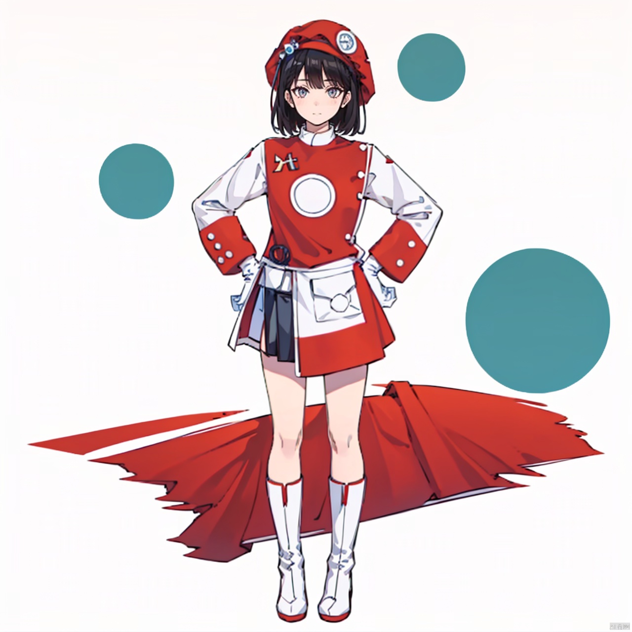(masterpiece:1.3),(the best quality:1.2),(super fine illustrations:1.2),(Masterpiece),high quality,high detail,(white background:1.2),looking at viewer,(SOLO:1.4),outline,simple background,fullbody,, hat,red headwear,white gloves,boots,white footwear,red shirt,dress,full body,gloves,standing,