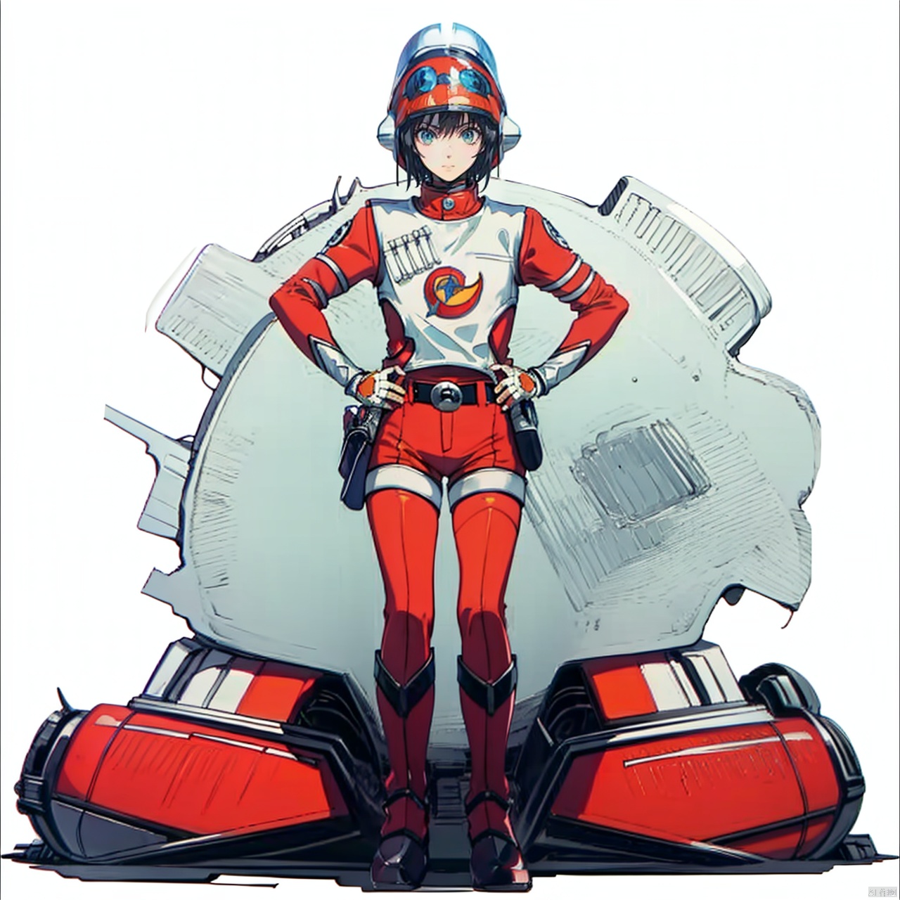  (masterpiece:1.3),(the best quality:1.2),(super fine illustrations:1.2),(Masterpiece),high quality,high detail,(white background:1.2),looking at viewer,(SOLO:1.4),outline,simple background,fullbody,, belt,helmet,collar,choker,logo,armor,uniform,bodysuit,pants,gloves,jacket,ray gun,gun,buckle,boots,emblem,military uniform,belt pouch,fingerless gloves,orange_bodysuit,military_uniform,white_gloves,mat_style,