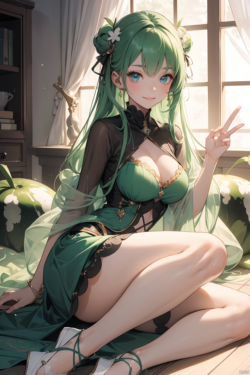 An anime girl wearing a large Earl&#39;s melon with green flesh and a fine mesh pattern on the skin.、The clothes are shaped like an Earl&#39;s melon.。the girl is smiling、The girl&#39;s hands, feet, and clothes should be depicted in their entirety so that they do not protrude from the screen.。