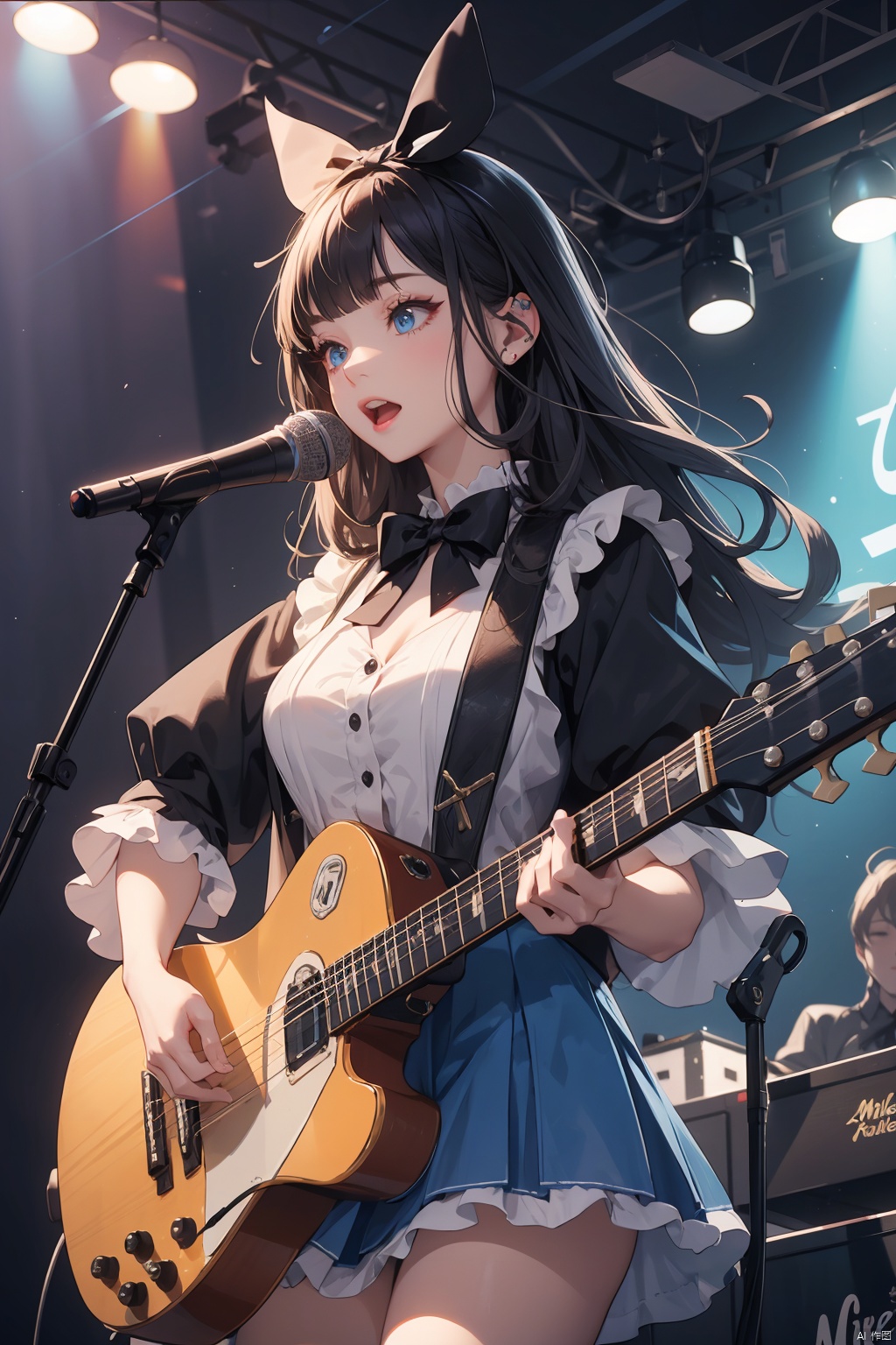 alice in wonderland costume、rock band、vocal、big breasts、blue SG guitar、play、Mike stand、sing、live house、real face、Whole body 100％