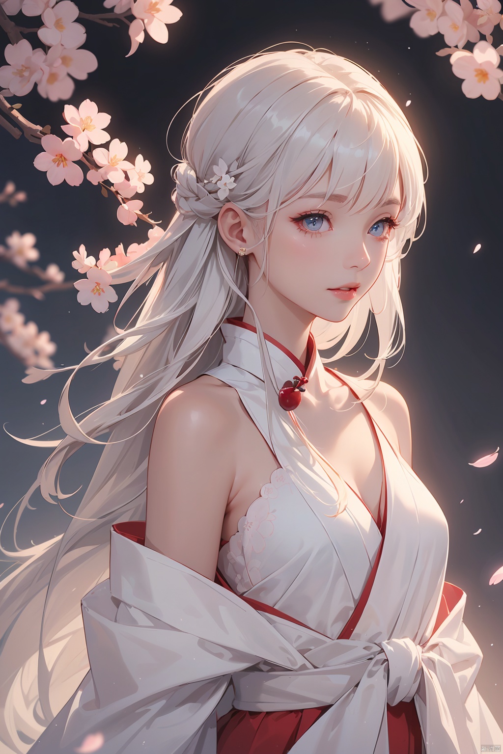 (Hair style with white hair) (Hanfu with Chinese style patterns), symmetrical, (highest quality, realistic photos, original photos, cinematic lighting, highly detailed illustrations), (1 woman, alone), (Asian girl, very delicate face, super beautiful face, very delicate eyes, super detailed nose, very complex mouth, very detailed facial features), woman, (medium chest) skin, lip gloss, smile, full body view, high-resolution, high-resolution, 8k, masterpiece 2:1, skin radiance, radiant skin, young girl, (Kyoto, dropped cherry blossoms), off the shoulder, shoulder blades, Han Clothing
