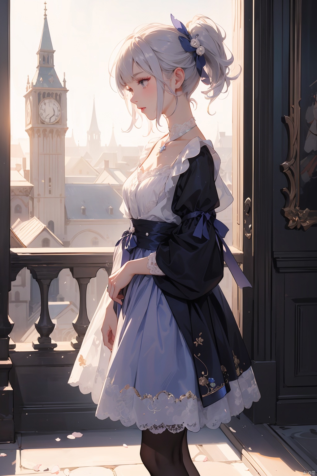  bride: wedding ring shining on ring finger Fusion of medieval European fashion Emphasis on elements of cuteness and adoration Posed illustration of the overwhelming cuteness of the character in the foreground Overwhelming architectural and cityscape background Ultra-detailed, rich, contemporary interpretation of medieval Europe and fantasy world Realistic textures, Professional artistic shading and light sources, scene-like cinematography and effects, depth of subject One beautiful girl, super cute, bob cut, side ponytail, perfect anatomy 
Colours: pastel, white, pale purple, blue, gingham check 
Materials: chiffon, lace, satin, velvet, etc. Silhouette: fluffy skirt, A-line, long length 
Decoration: frills, ribbons, lace, pearls, embroidery etc. Coordinates Romantic princess: pastel dress, lace blouse, fluffy skirt, ribbon hair accessory, black tights Add accessories and accessories to personalise.