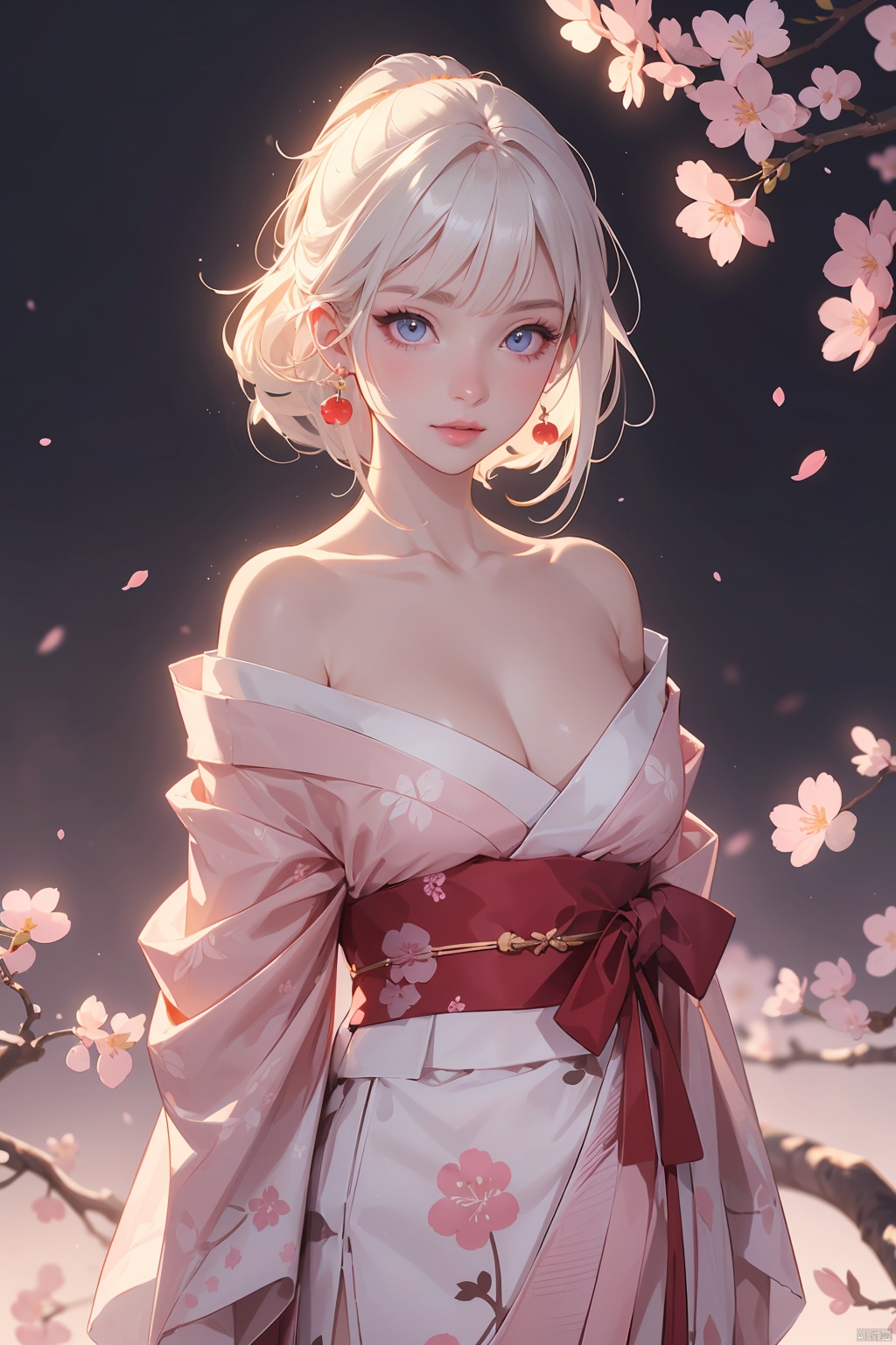 (Hair style with white hair) (Japanese cherry blossom patterned kimono), symmetrical, (highest quality, realistic photos, original photos, cinematic lighting, highly detailed illustrations), (1 woman, alone), (Asian girl, very delicate face, super beautiful face, very delicate eyes, super detailed nose, very complex mouth, very detailed facial features), woman, (medium chest) skin, lip gloss, smile, full body view, high-resolution, high-resolution, 8k, masterpiece 2:1, skin radiance, radiant skin, young girl, (Kyoto, dropped cherry blossoms), off the shoulder, shoulder blades, and Clothing

