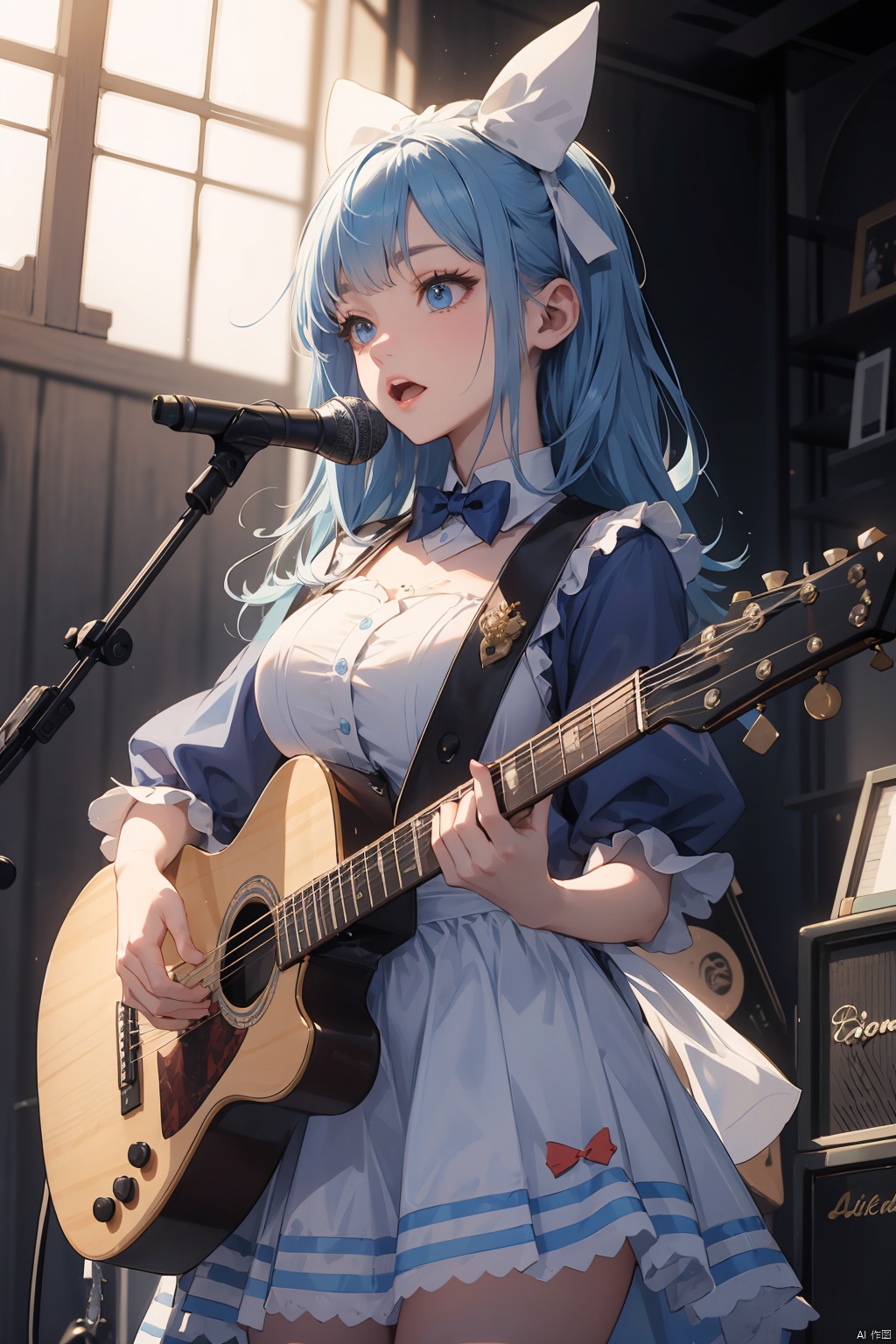 alice in wonderland costume、rock band、vocal、big breasts、blue SG guitar、play、Mike stand、sing、live house、real face、Whole body 100％