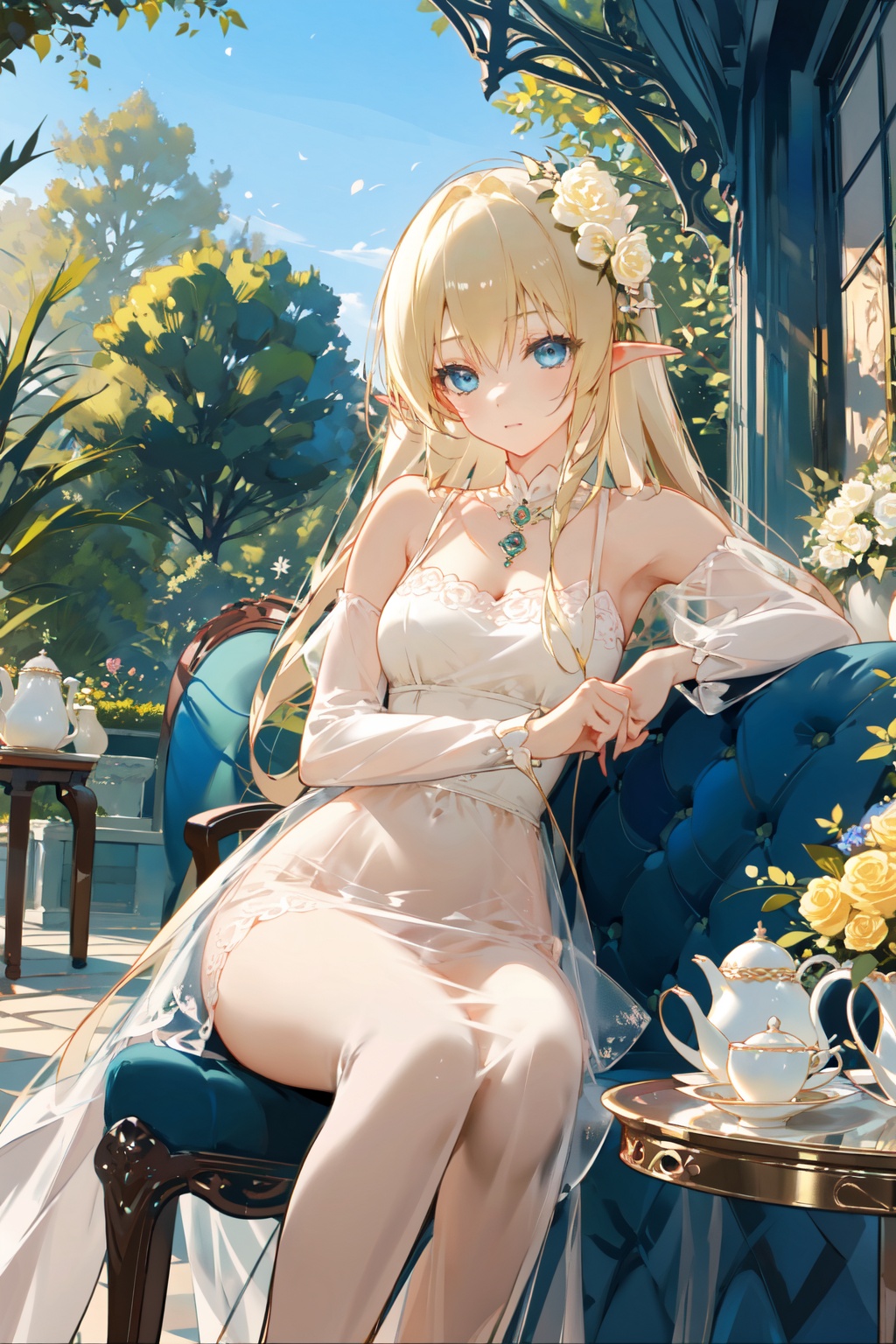 (masterpiece:1.2),best quality,PIXIV,1girl,elf,blonde hair,blue eyes,Royal dress,white dress,gorgeous,Having afternoon tea,sitting on chairs,tables,chairs,food,courtyards,gardens,blooming flowers,<lora:Chocolate-000018:0.8>,