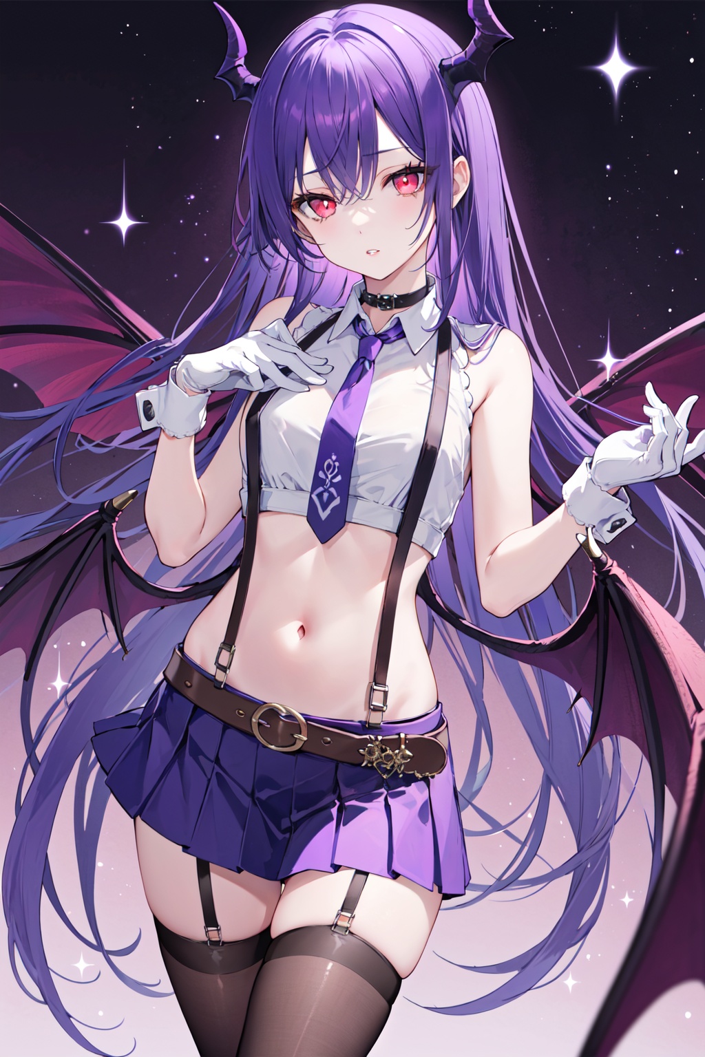(masterpiece:1.2),best quality,PIXIV,Apricot eye,thighhighs,sleeveless,miniskirt,gloves,long hair,shirt,looking at viewer,navel,suspenders,purple eyes,wings,necktie,cuffs,standing,red eyes,parted lips,very long hair,choker,belt,demon wings,