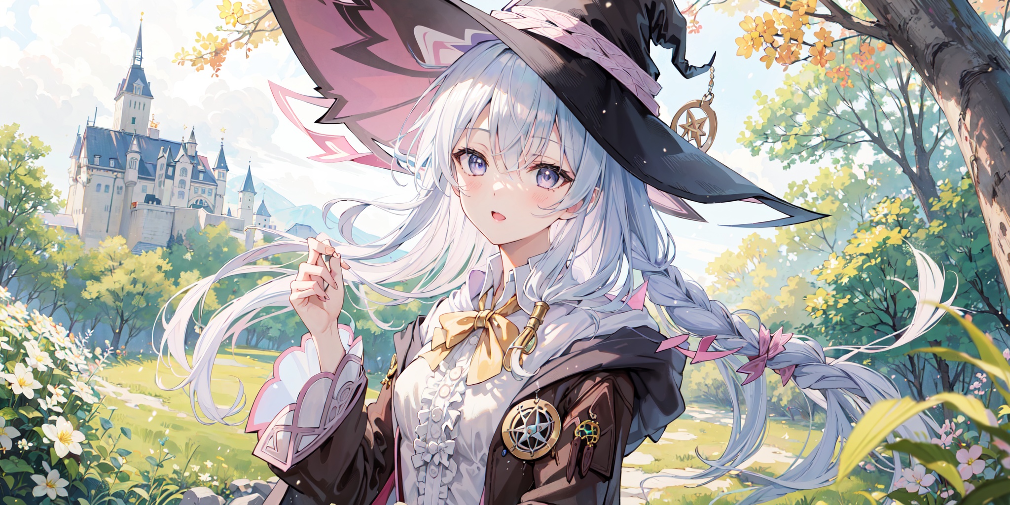 (masterpiece:1.2),best quality,PIXIV,Apricot eye,1girl,Elaina,whitch hat,witch cloth,castle,forest,outdoor,