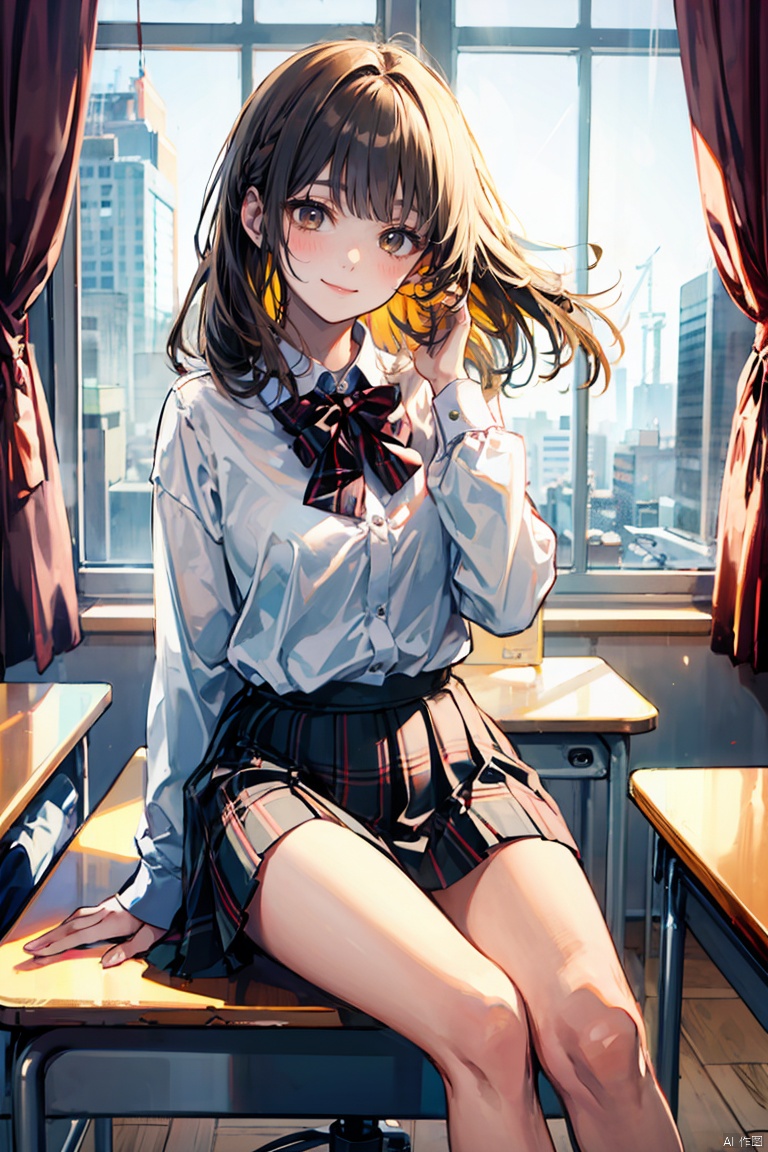 1girl, solo, long_hair, looking_at_viewer, blush, smile, bangs, skirt, blonde_hair, long_sleeves, bow, brown_eyes, sitting, very_long_hair, closed_mouth, school_uniform, yellow_eyes, white_shirt, pleated_skirt, collared_shirt, indoors, bowtie, red_bow, head_tilt, plaid, window, dress_shirt, feet_out_of_frame, plaid_skirt, sunlight, light_brown_hair, curtains, red_bowtie, desk, backlighting, hand_in_own_hair, brown_skirt, shirt_tucked_in, school_desk, on_desk, sitting_on_desk, 1girl