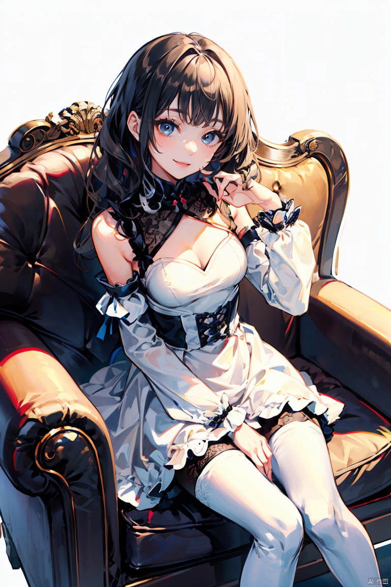 1 girl sitting on the sofa, Skin color pantyhose , Large wavy curls, soft light,hands 101, look at viewer, smile, small breast,cute girl, , dress, detached sleeves, thighhighs,flower, 1girl