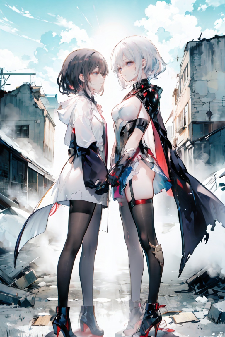 A couple of superhero bearded and woman looking each other in love between a battle scene, marvel like, standing at the ruined city, depth of field, cinematic