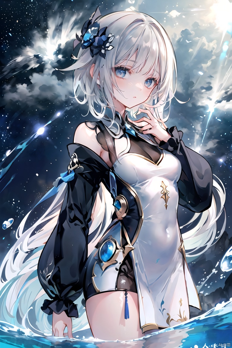 ((masterpiece)), ((best quality)), ((illustration)), extremely detailed,style girl, long shot, small breast,light grey very_long_hair, scifi hair ornaments, beautiful detailed deep eyes, beautiful detailed sky, beautifuldetailed water, cinematic lighting, dramatic angle, (very long sleeves), frills, formal, close to viewer, (an extremely delicate and beautiful),best quality,highres,official art,extremely detailed CG unity 8k wallpaper,  ((starry sky)), star river,array stars, Holy, noble, ((oil painting)) , ((wallpaper 8k CG)), (realistic), Concept Art, vary blue and red and orange and pink hard light, intricate light, dynamic hair, haircut, dynamic fuzziness, beautiful and aesthetic, intricate light, manga and anime