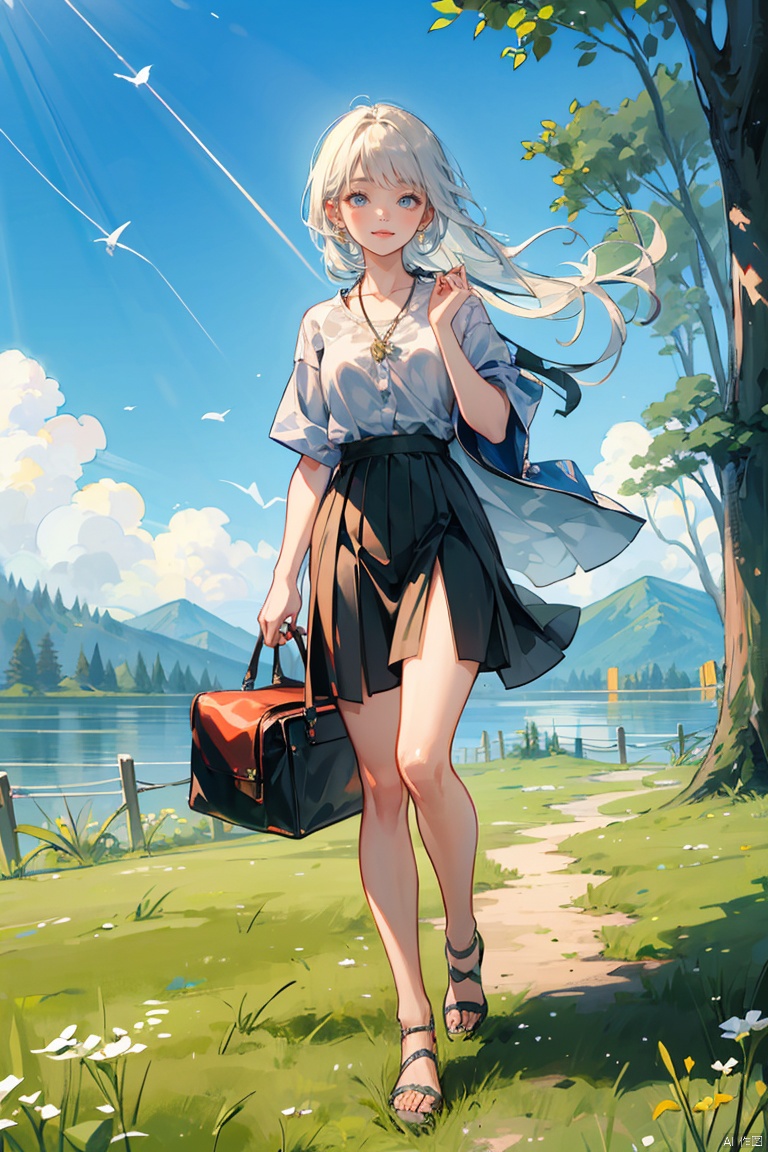 {masterpiece},{best quality},{1girl},Amazing,beautiful detailed eyes,solo,finely detail,Depth of field,extremely detailed CG,original, extremely detailed wallpaper,{{highly detailed skin}},{{messy_hair}},{small_breasts},{{longuette},{grassland},{yellow eyes},full body, incredibly_absurdres,{gold hair}.lace,floating hair,Large number of environments,the medieval ,grace,A girl leaned her hands against the fence,ultra-detailed,illustration, birds,Altocumulus,8kwallpaper,hair_hoop,long_hair,gem necklace,hair_ornament,prospect,water eyes,wind,breeze,god ray,lawn,Mountains and lakes in the distance,The skirt sways with the wind,The sun shines through the trees,A vast expanse of grassland,fence,Blue sky,bloom,smile,glow,The grass sways in the wind
