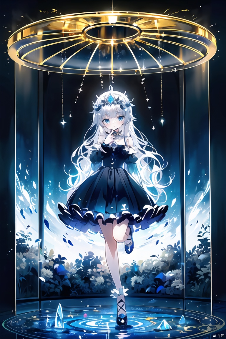 Hide hands,(Magic circle),Principal,((Gem)),elegant,(holy),extremely detailed 8k wallpaper,(painting),(((ink))),(depth of field),((best quality)),((masterpiece)),(highres),(((ink))),(illustration),cinematic lighting,((ultra detailed)),(watercolor),detailed shadow,(((1girl))),(detailed flooding feet),(((((long top sleeves past fingers))))),((motion)),beautiful detailed fullbody,(leg up),(((sapphire frills))),(((yokozuwari in the golden cage))),gold cage,(birdcage),{{{very long dress cover feet}}},(translucent fluttering dress with lace},{{detailed skin}},(((long Bright wavy hair))),Juliet_sleeve,(((hands hide in puffy sleeves))),((bare shoulders)),flat_chst,((Crystal shoes)),((((arms behind back)))),(((extremely detailed cute anime face))),Jewelry decoration,((expressionless)),(Iridescent Gem Headwear),(Beautiful detailed gemological eyes),((melting silver and gold)),looking_at_viewer,{detailed bare foot},Obsidian bracelet,,gold arm ring,(Precious refraction),{splash},{{optical phenomena}},detailed glow,(lightroom),(shine),chains,reflective,Gemological ornaments,Cosmic background of nebula,((silver thorns)),(huge golden clock core above),gear,falling petals,Window pane,beautiful water,Colored crystal,mirror,Silver frame,canopy,detailed Diamonds,(Columnar crystal),(Columnar crystal),Latin Cross Budded,(Sputtered broken glass from inside to outside),(flow),dark