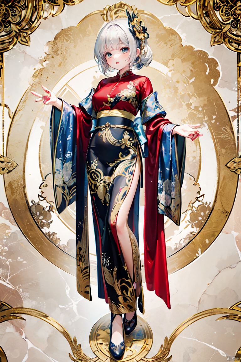 official art, unity 8k wallpaper, ultra detailed, beautiful and aesthetic, beautiful, masterpiece, best quality, (zentangle, mandala, tangle, entangle:0.4) The artwork features a fantasy chinese empress with the most sumptuous wedding hanfu dress made of (red silk:1.8) and richly embroidered with gold and silver threads, intricately carved golden badges and tassels, very large sleeves, golden jewels, along with an assortment of different floral patterns spread throughout. Finely intricated magic circles, (Intricately carved marble background:1.8). (woman, very long hair, full body shot, majestic pose ) ,horror