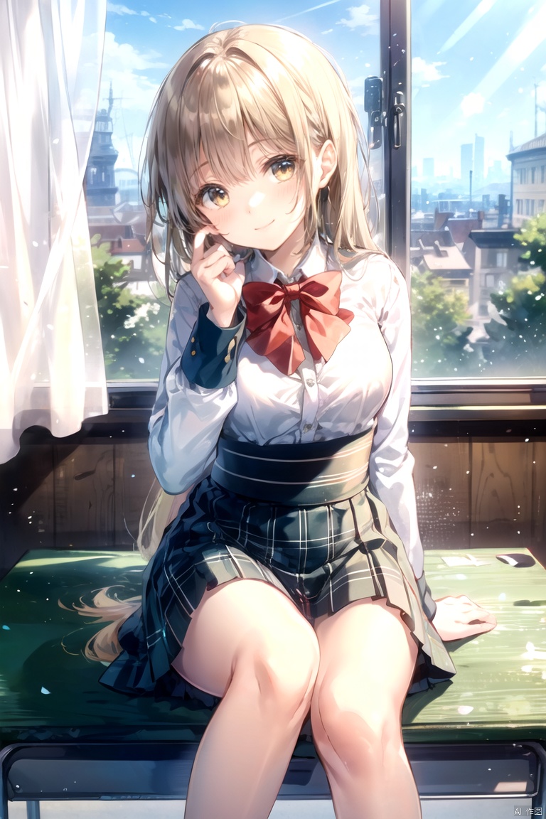 1girl, solo, long_hair, looking_at_viewer, blush, smile, bangs, skirt, blonde_hair, long_sleeves, bow, brown_eyes, sitting, very_long_hair, closed_mouth, school_uniform, yellow_eyes, white_shirt, pleated_skirt, collared_shirt, indoors, bowtie, red_bow, head_tilt, plaid, window, dress_shirt, feet_out_of_frame, plaid_skirt, sunlight, light_brown_hair, curtains, red_bowtie, desk, backlighting, hand_in_own_hair, brown_skirt, shirt_tucked_in, school_desk, on_desk, sitting_on_desk