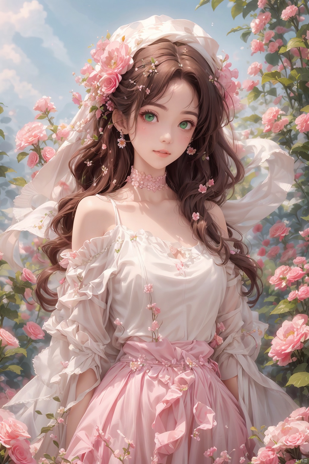  A girl,silk,cocoon,spider web,Solo,Complex Details,Color Differences,Realistic,(Moderate Breath),Off Shoulder,Eightfold Goddess,Pink Long Hair,White Headwear,Hair Above One Eye,Green Eyes,Earrings,Sharp Eyes,Perfect Fit,Choker,Dim Lights,cocoon,transparent,jiBeauty,1girl,flowers,mtianmei,Look at the camera.,flowing skirts,Giant flowers,, pld