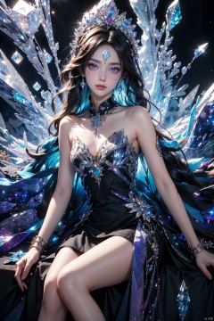 masterpiece, best quality, masterpiece,best quality,official art,extremely detailed CG unity 16k wallpaper,masterpiece, ((1girl)),(science fiction:1.1), (ultra-detailed crystallization:1.5), (crystallizing girl:1.5), kaleidoscope, ((iridescent:1.5) long hair), (glittering silver eyes), sitting, surrounded by colorful crystals, blue skin, (skin fusion with crystal:1.8), looking up, face focus, simple dress, transparent crystals, flat dark background, lens flare, prism<lora:EMS-260325-EMS:0.500000>, <lora:EMS-267465-EMS:0.300000>, <lora:EMS-10529-EMS:0.200000>