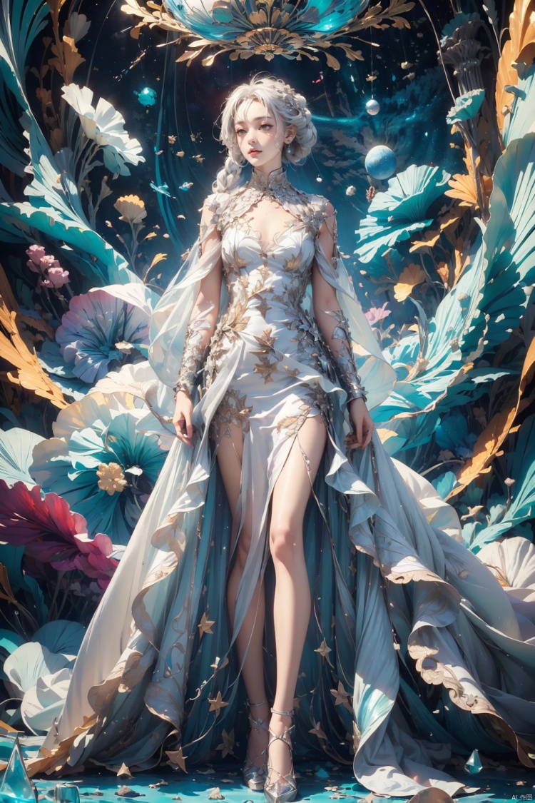 (((green, silver, glimmer)), limited palette, contrast, phenomenal aesthetic, best quality, sumptuous artwork, (masterpiece), (best quality), (ultra-detailed),(((illustration))), ((an extremely delicate and beautiful)),(detailed light),1girl,cold theme, broken glass, broken wall,((an array of stars)),((starry sky)),the Milky Way,star,Reflecting the starry water surface,(1girl:1.3)aqua theme,white hair,blinking,white dress,closed mouth,constel lation,flat color,noline art,full Glass sphere,girl inside glass sphere,white hair,braid,blinking,white robe,bust \(sculpture\),barefoot,float,closed mouth,constel lation,flat color,holding,holding wand,looking up,standing,male focus,medium hair,standing,solo,space,universe,utaite(singer),Nebula,many stars,,
