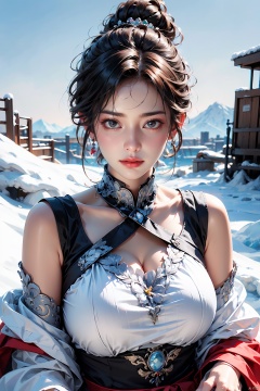 Best quality,  ultra-high resolution,  (photo realism: 1.4),  1 girl,  (shoulder length shirt: 1.2),  embroidered lace craftsmanship,  red and black,  enticing posture,  separated sleeves,  snowy mountain background,  plump,  big breasts,  messy bun,  looking at the audience,  gentle lighting,<lora:EMS-260325-EMS:0.600000>