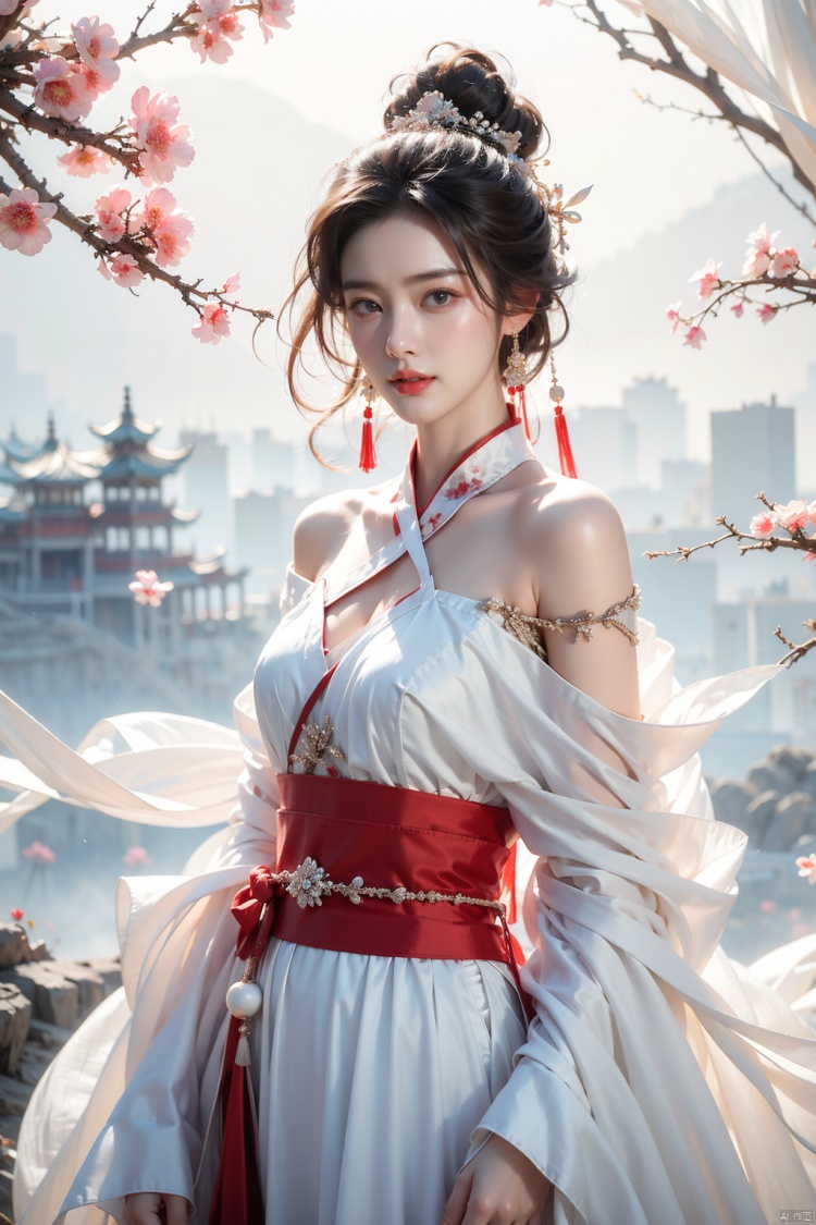 best quality, masterpiece,cowboy_shot,(Good structure),,a girl,xianjing,Off-the-shoulder, bust photo,upper body,Hanfu, Cloud, Smoke,branch,flower, smile,Gaze at the audience, Ink scattering_Chinese style, ((poakl)), ,looking_at_viewer,kind smile, , chinese dress,white dress, liuyifei,long_hair<lora:EMS-269331-EMS:0.200000>, <lora:EMS-304072-EMS:0.300000>, <lora:EMS-260325-EMS:0.500000>, <lora:EMS-10529-EMS:0.300000>