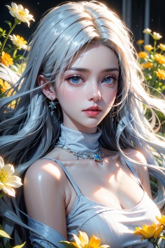 award winning photo macro shot of a beautiful albino young woman lying in a majestic yellow flowerbed, white hair, dynamic lighting, cinematic still, pale skin, screencap, skin texture, contemplative, smirk, piercing blue eyes, extremely long hair, sleek hair, portrait, dynamic pose, (blue turtleneck), 100mm f/2.8 macro lens<lora:EMS-260325-EMS:0.600000>