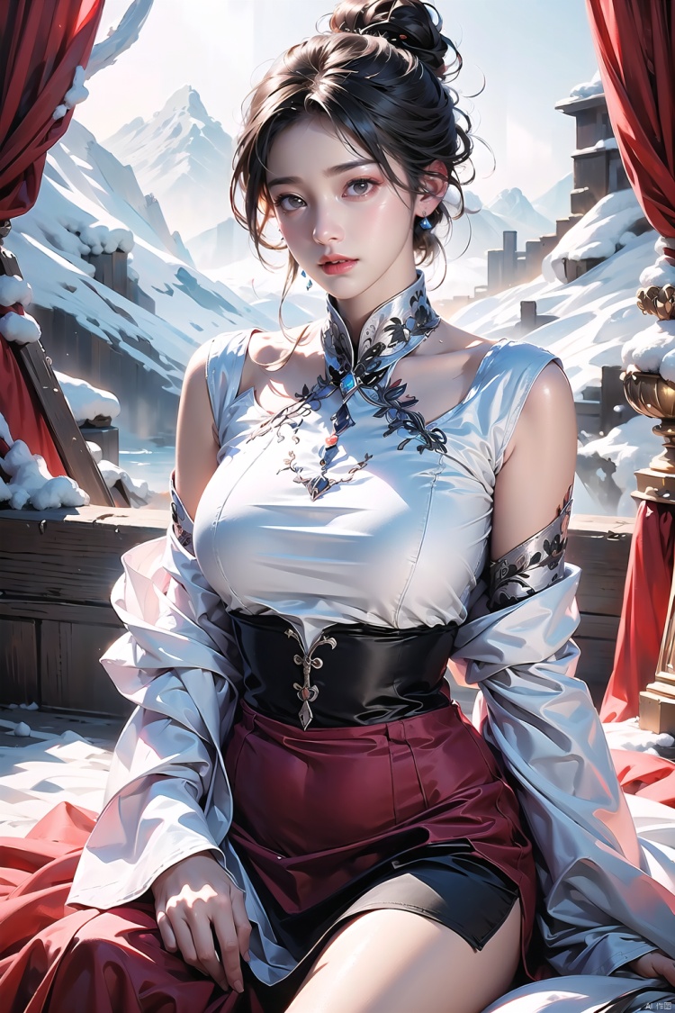 Best quality,  ultra-high resolution,  (photo realism: 1.4),  1 girl,  (shoulder length shirt: 1.2),  embroidered lace craftsmanship,  red and black,  enticing posture,  separated sleeves,  snowy mountain background,  plump,  big breasts,  messy bun,  looking at the audience,  gentle lighting,<lora:EMS-260325-EMS:0.700000>
