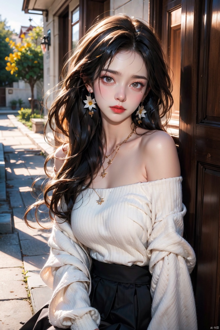 1 girl, jewelry, solo, earrings, long hair, forehead markings, black hair, necklace, bare shoulders, flowers, red lips, hair flowers, upper body, skirt, off shoulder, facial markings, head down, makeup, lips, candles, collarbones, long sleeves, tears streaming down, crying, Tyndall effect, 8k, large aperture, masterpiece of the century, sit, maple leaf, doorway, corridor, Sun on face<lora:EMS-260325-EMS:0.600000>, <lora:EMS-267465-EMS:0.300000>
