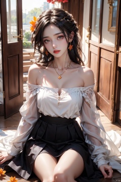 1 girl, jewelry, solo, earrings, long hair, forehead markings, black hair, necklace, bare shoulders, flowers, red lips, hair flowers, upper body, skirt, off shoulder, facial markings, head down, makeup, lips, candles, collarbones, long sleeves, tears streaming down, crying, Tyndall effect, 8k, large aperture, masterpiece of the century, sit, maple leaf, doorway, corridor, Sun on face<lora:EMS-260325-EMS:0.600000>