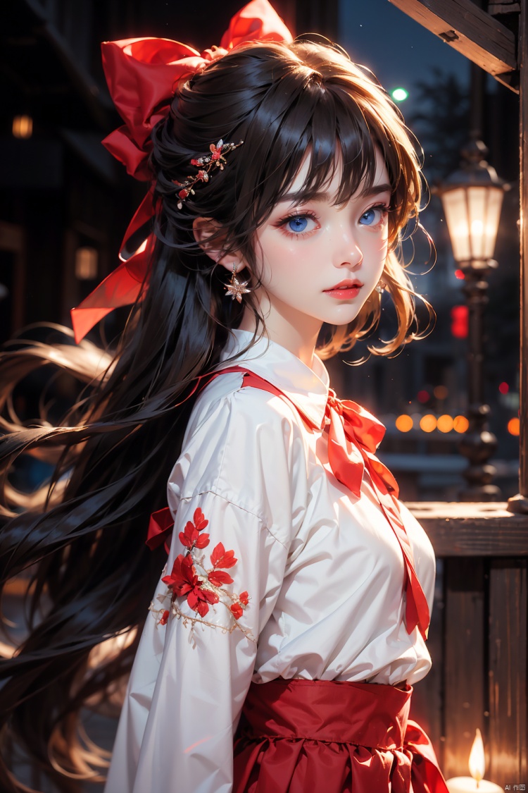  (extremely delicate and beautiful:1.2),1girl,fashi-girl, bangs, blue eyes, blurry, blurry background, bow, brown hair, closed mouth, from side, hair between eyes, hair bow, lantern, light particles, long sleeves, looking at viewer, medium hair, night, red bow, solo, star \(symbol\), upper body,smile,red lips