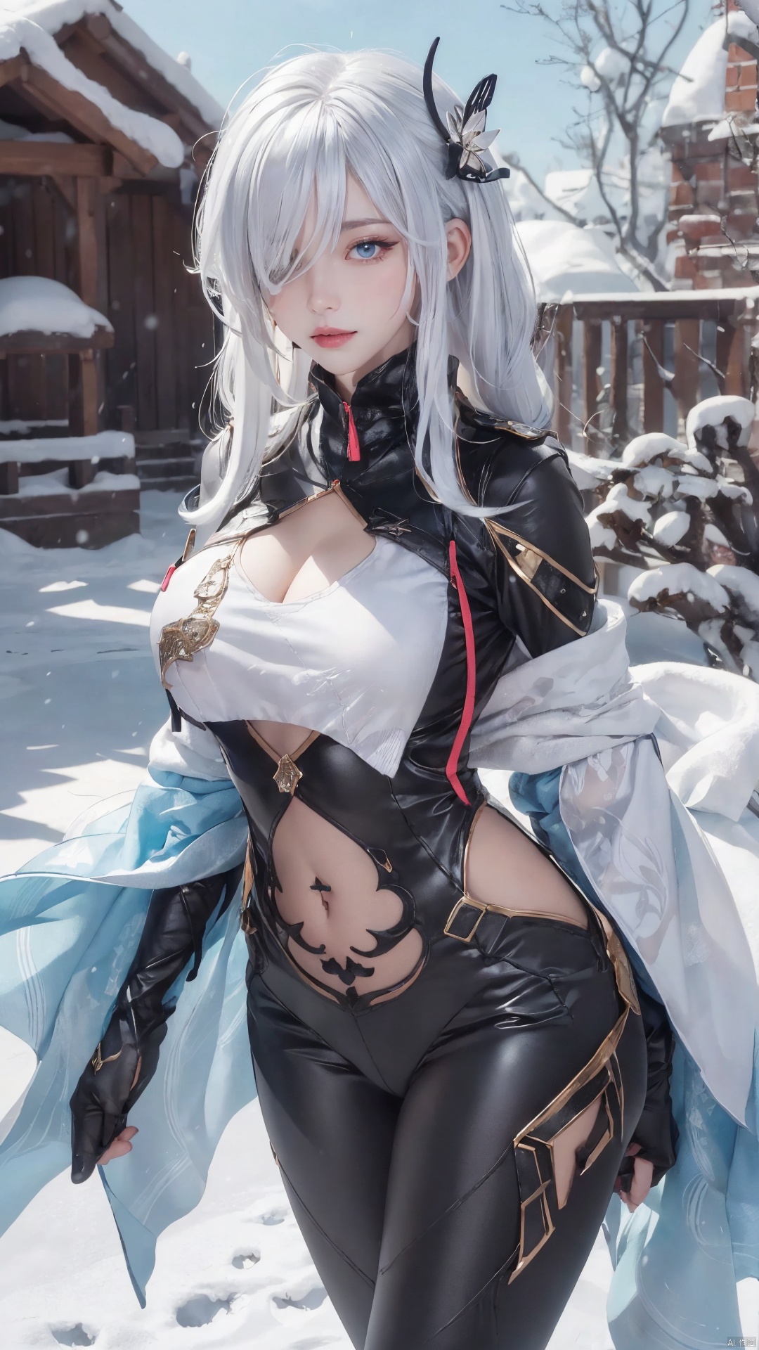  1girl,solo, head ornament, , , , , , masterpiece, best quality, official art, extremely detailed CG unity 8k wallpaper, Light and shadow special effects, shadow, Flowing light and shadow, falling_snow, snowing, shawl, white shawl, cleavage,,,,,,,,,,,,,,,,,,1girl,solo,long hair,breasts,looking at viewer,bangs,blue eyes,hair ornament,gloves,holding,white hair,black gloves,hair over one eye,cosplay,clothing cutout,bodysuit,partially fingerless gloves,black bodysuit,hip vent,breast curtain,stomach cutout