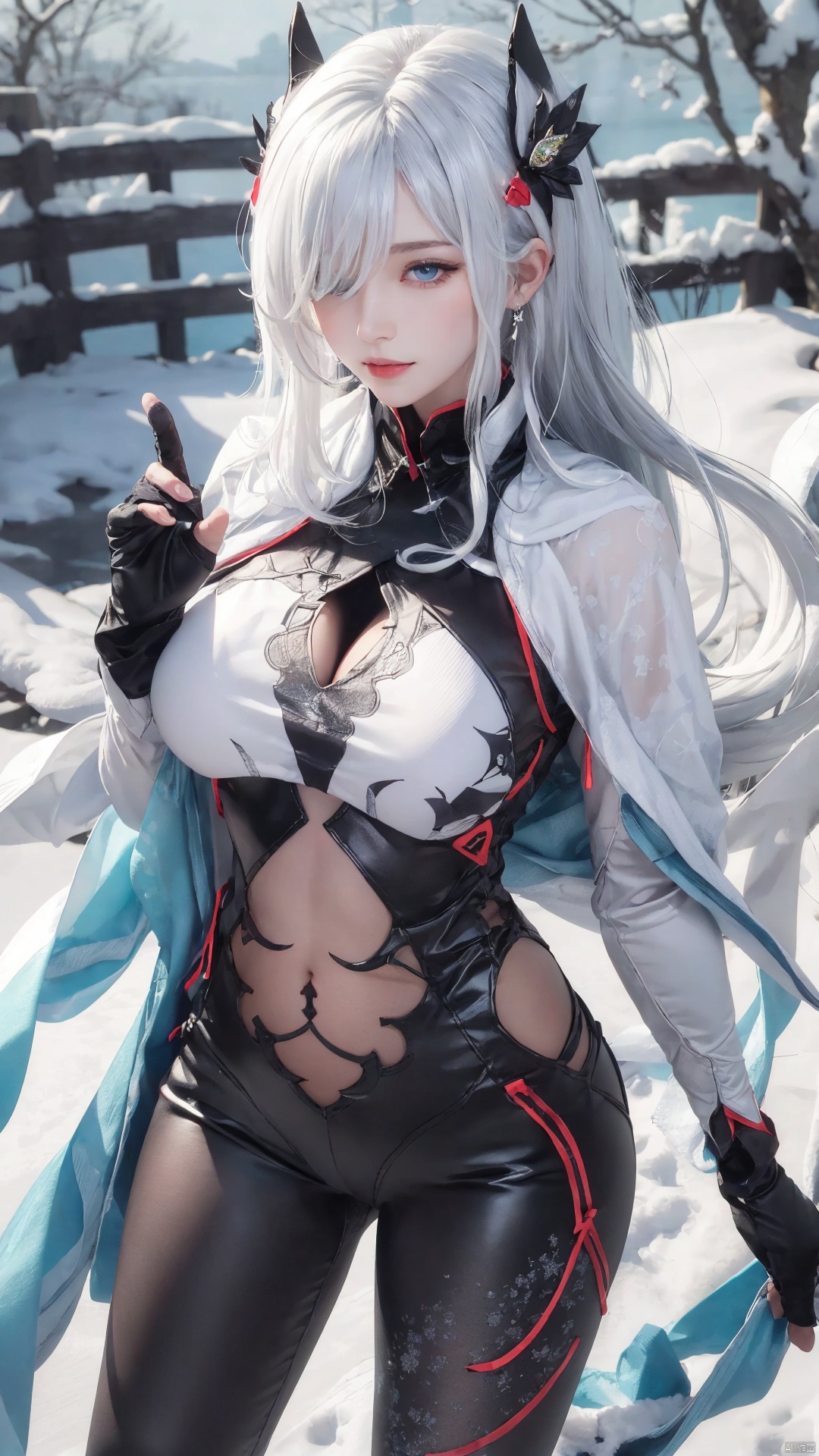  1girl,solo, head ornament, , , , , , masterpiece, best quality, official art, extremely detailed CG unity 8k wallpaper, Light and shadow special effects, shadow, Flowing light and shadow, falling_snow, snowing, shawl, white shawl, cleavage,,,,,,,,,,,,,,,,,,1girl,solo,long hair,breasts,looking at viewer,bangs,blue eyes,hair ornament,gloves,holding,white hair,black gloves,hair over one eye,cosplay,clothing cutout,bodysuit,partially fingerless gloves,black bodysuit,hip vent,breast curtain,stomach cutout