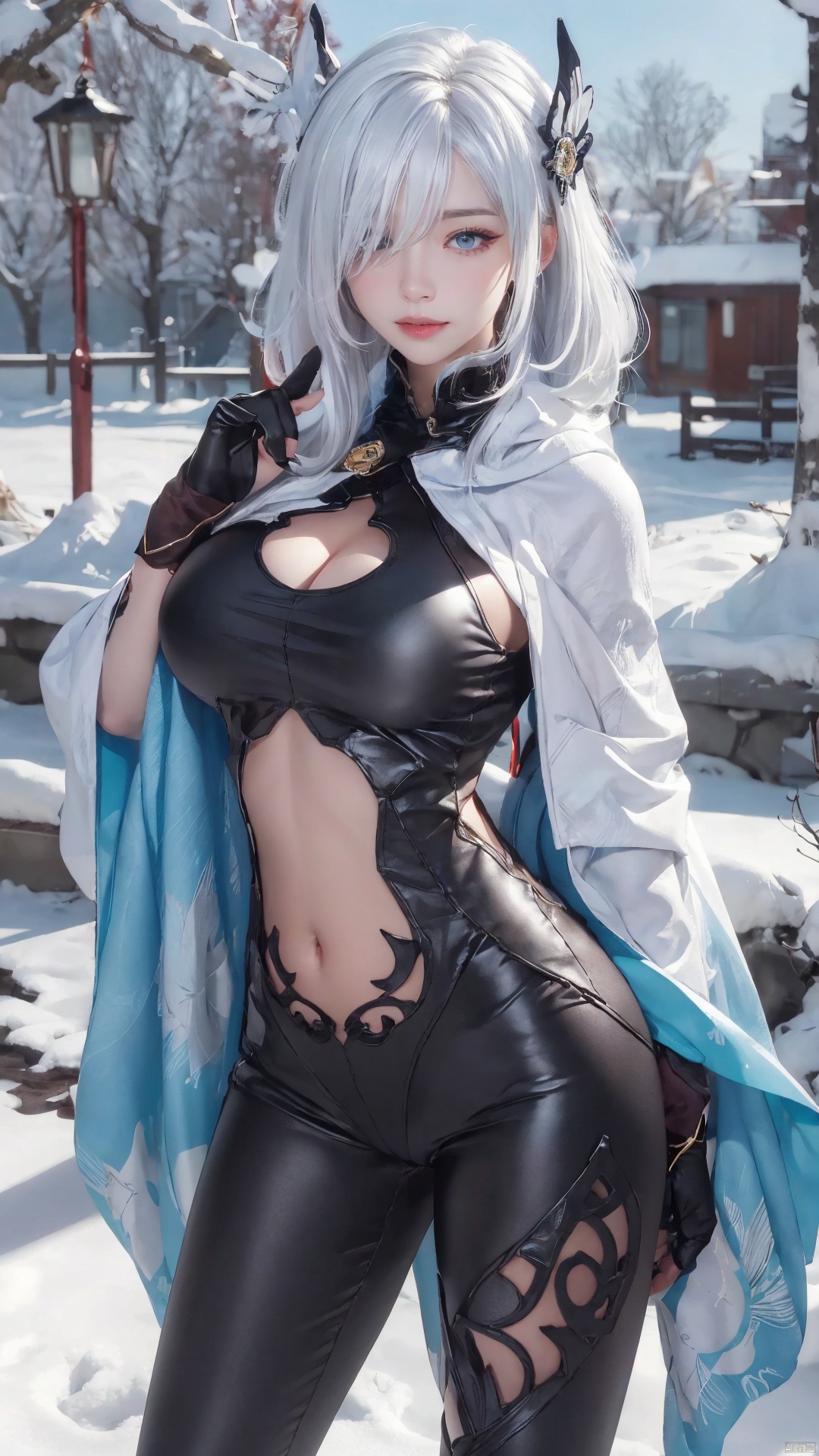  1girl,solo, head ornament, , , , , , masterpiece, best quality, official art, extremely detailed CG unity 8k wallpaper, Light and shadow special effects, shadow, Flowing light and shadow, falling_snow, snowing, shawl, white shawl, cleavage,,,,,,,,,,,,,,,,,,1girl,solo,long hair,breasts,looking at viewer,bangs,blue eyes,hair ornament,gloves,holding,white hair,black gloves,hair over one eye,cosplay,clothing cutout,bodysuit,partially fingerless gloves,black bodysuit,hip vent,breast curtain,stomach cutout