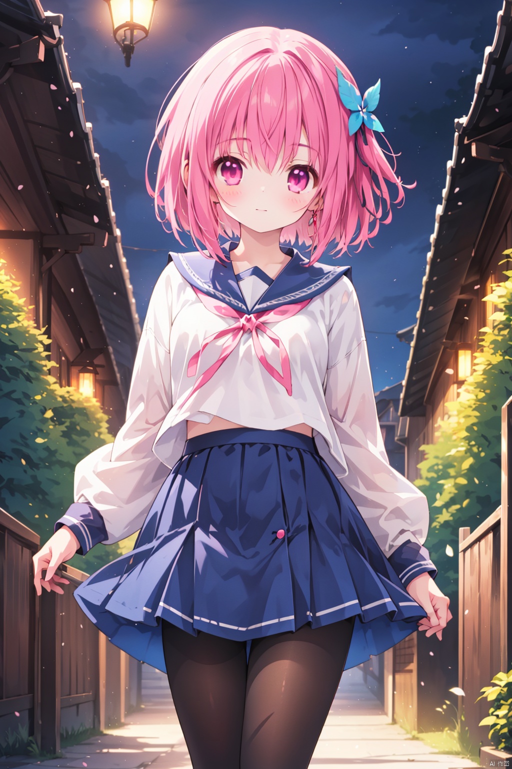  solo,1girl,artist_name,thin,short_hair,minato tomoka,medium_breast,white shirt,
(night),(blue serafuku),(blue skirt),hair ornament,pantyhose,standing,pink eyes,village,forest,