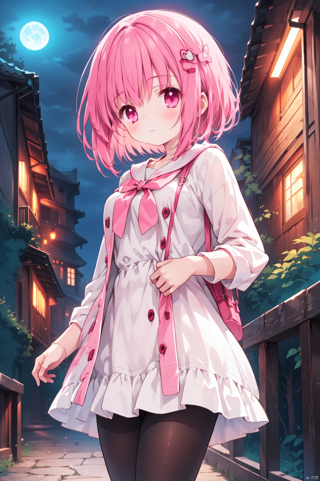  solo,1girl,artist_name,thin,short_hair,minato tomoka,medium_breast,white shirt,
(night),hair ornament,pantyhose,standing,pink eyes,village,forest,