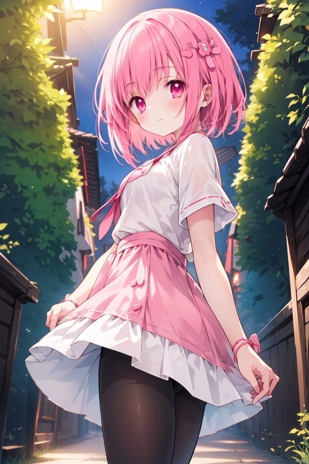  solo,1girl,artist_name,thin,short_hair,minato tomoka,medium_breast,white shirt,
(night),hair ornament,pantyhose,standing,pink eyes,village,forest,