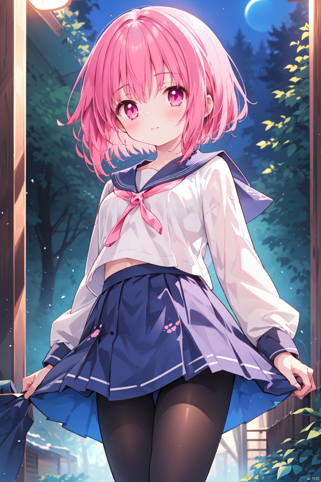  solo,1girl,artist_name,thin,short_hair,minato tomoka,medium_breast,white shirt,
(night),(blue serafuku),(blue skirt),hair ornament,pantyhose,standing,pink eyes,village,forest,
