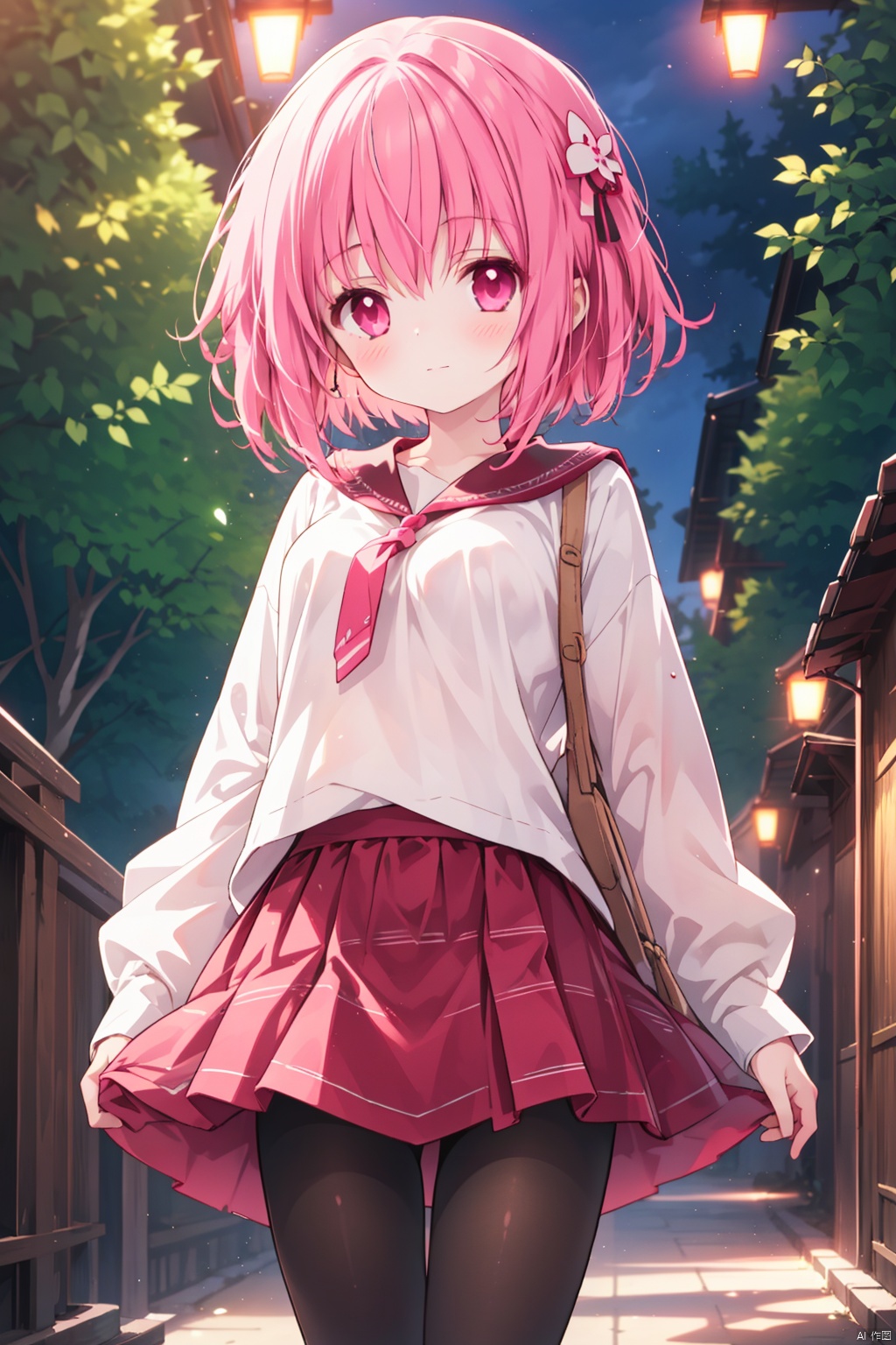  solo,1girl,artist_name,thin,short_hair,minato tomoka,medium_breast,white shirt,
(night),hair ornament,pantyhose,standing,pink eyes,village,forest,