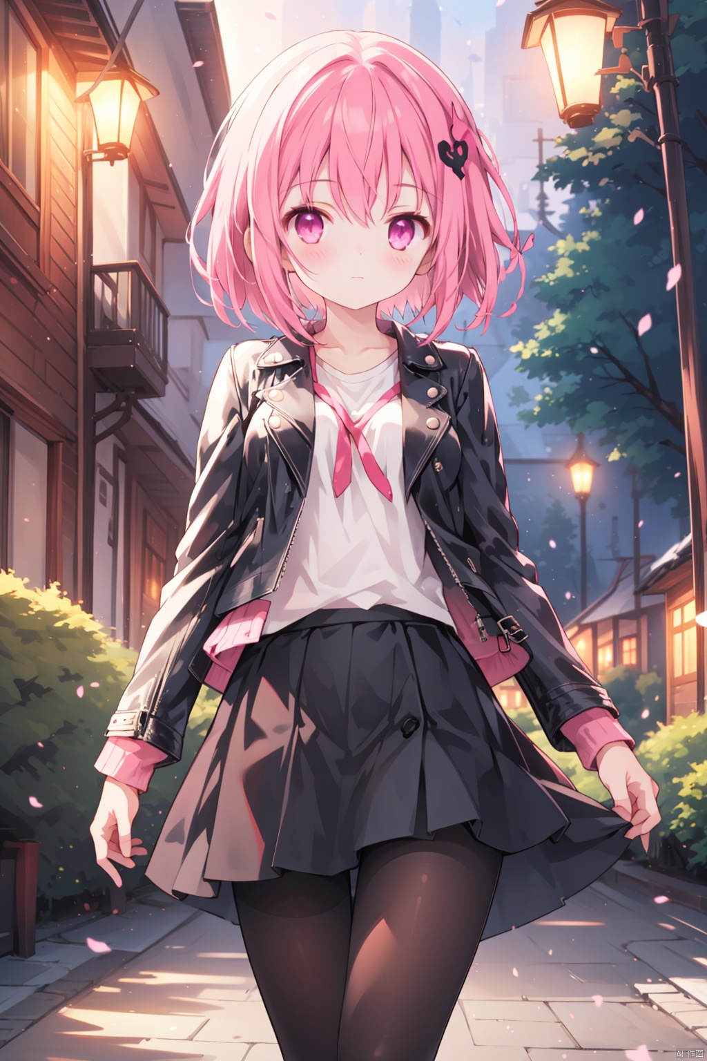  solo,1girl,artist_name,thin,short_hair,minato tomoka,medium_breast,white taut shirt,
(night),leather_jacket,(black microskirt),hair ornament,pantyhose,standing,pink eyes,village,forest,Firefly
