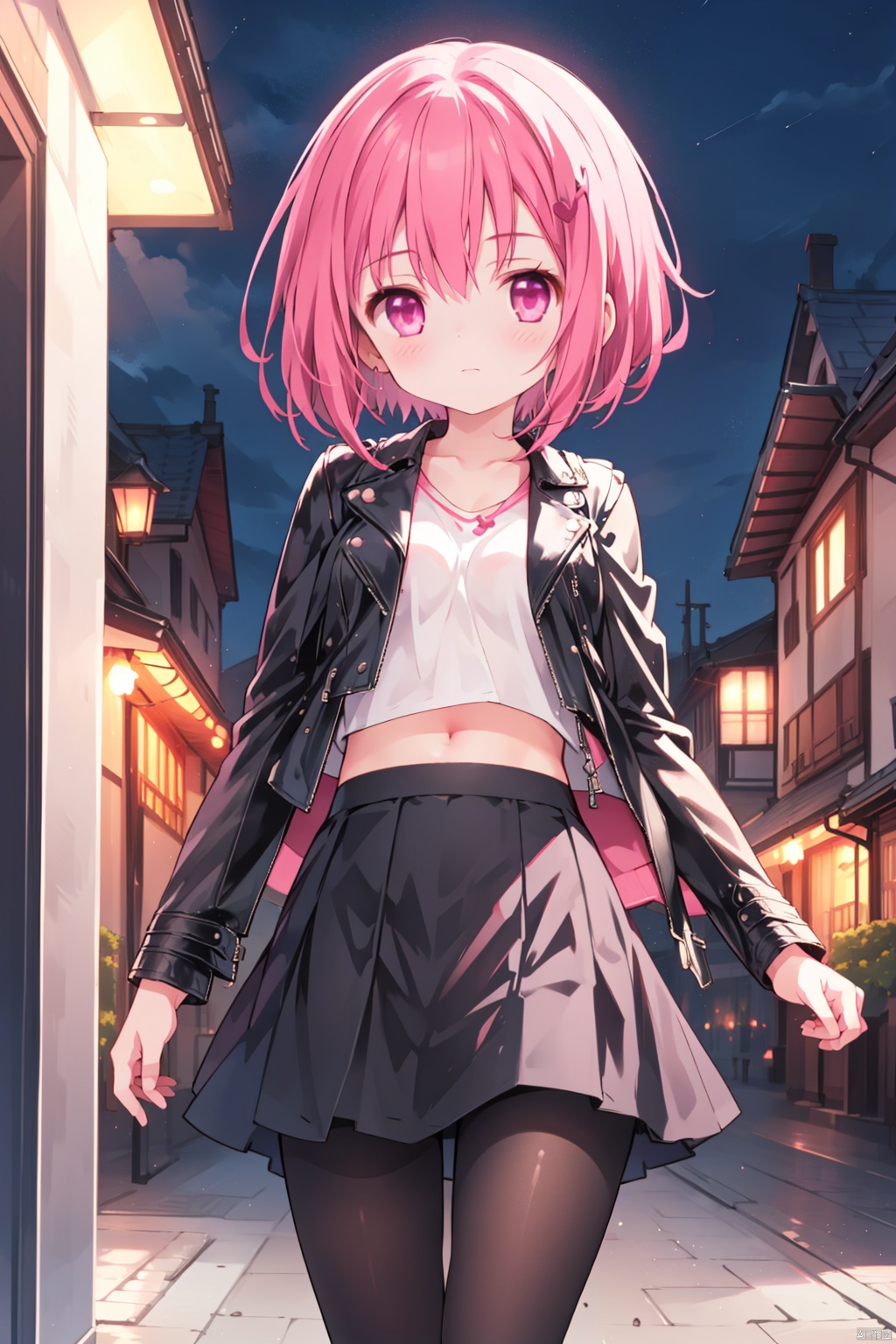  solo,1girl,artist_name,thin,short_hair,minato tomoka,medium_breast,
(night),(black leather_jacket),(black microskirt),hair ornament,crop top,pantyhose,standing,pink eyes,village,