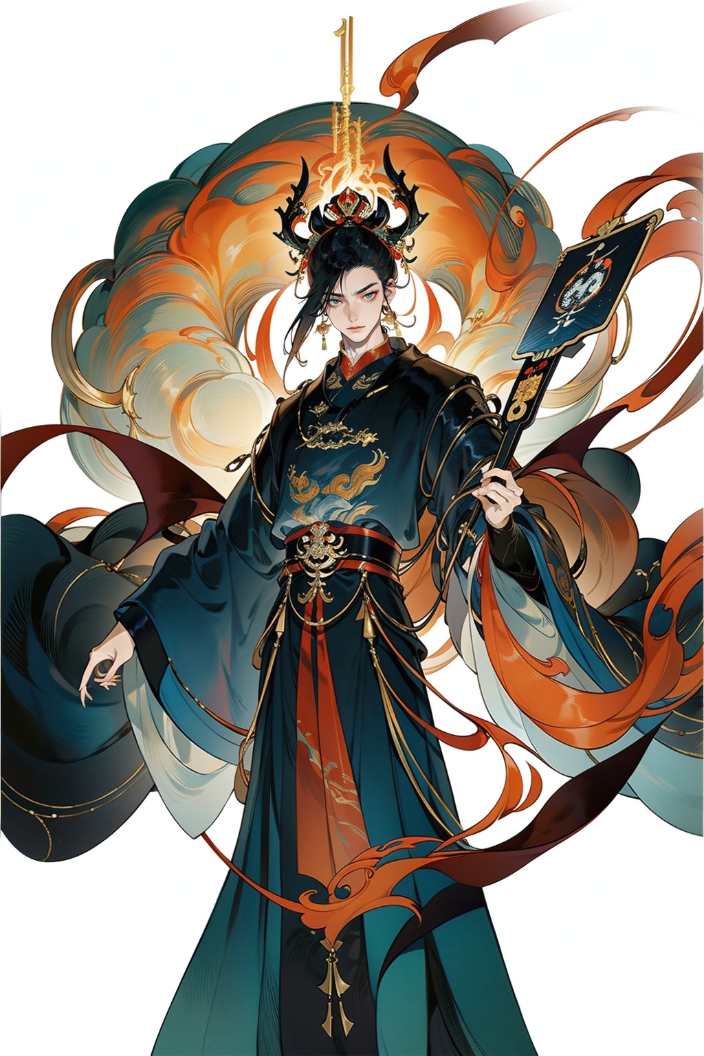 (best quality, masterpiece),(tarot, tarot card,:1.1)Design a (((Chinese demon))) that embodies the intersection of malevolence and mystique. Its features include intricate horns,ethereal scales,and eyes aflame with otherworldly wisdom. Uncover its origins within ancient Chinese folklore or its place in the celestial hierarchy. Explore its motivations,whether driven by revenge,power,or redemption. Invite writers to infuse this character with cultural nuances,making it a complex figure that resonates with the rich tapestry of Chinese mythology black background,golden,(upper body:1.2),<lora:GF:0.65>,<lora:lightline_v2.0:0.6>,