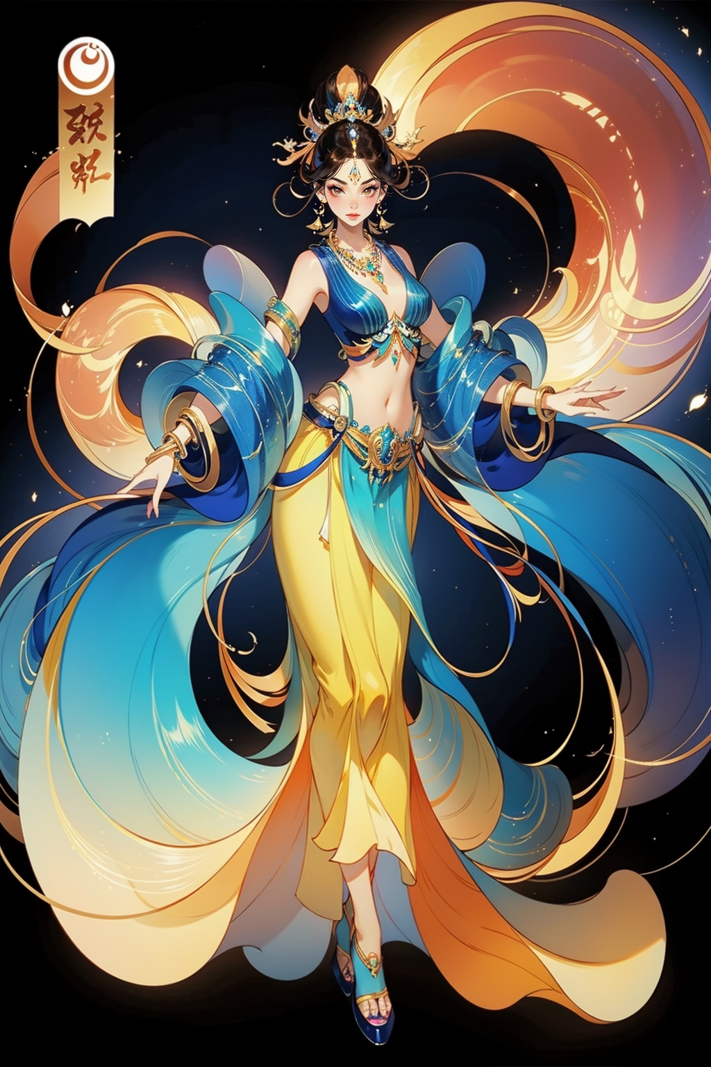 best quality,masterpiece,ultra high res,highres,illustration. media,delicate,8k wallpaper,soft light,official art,professional lighting,photon mapping,radiosity,physically-based rendering,1girl,beads,black hair,blue background,bracelet,breasts,brown eyes,chinese clothes,cleavage,earrings,hair ornament,jewelry,lips,lipstick,makeup,medium breasts,midriff,navel,necklace,solo,(full body:1.2),<lora:GF:0.65>,<lora:lightline_v2.0:0.6>,<lora:HB:0.2>,
